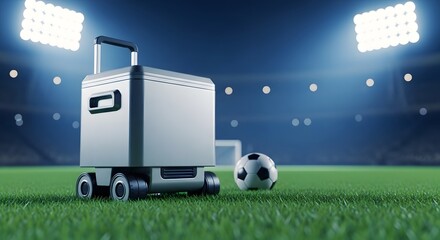 Robotic cooler on a soccer field under stadium lights futuristic sports technology