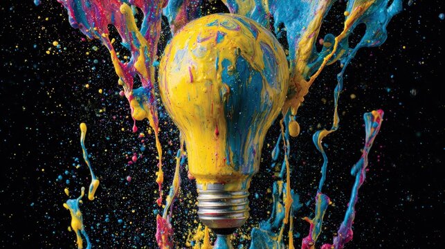 Light bulb exploding with colorful paint splashes and droplets