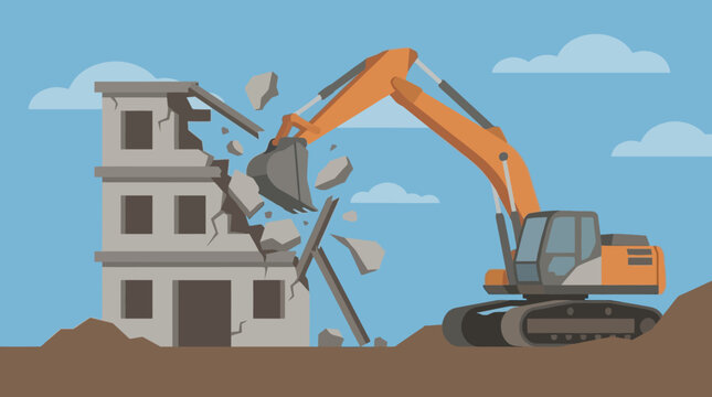Excavator Demolishing Old Building for Urban Renewal, Flat Vector Illustration of Construction Site Demolition and Heavy Machinery