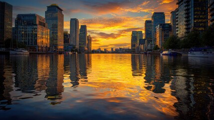Fototapeta premium Modern city skyline with water reflections at sunset