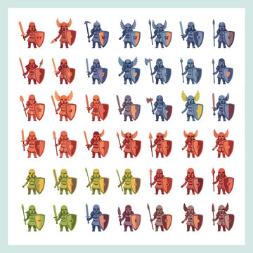 Collection of various fantasy warrior character sprites with weapons and shields.