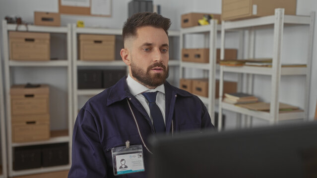 Hispanic man detective with badge and id looks at computer screen and reviews case files with closed eyes in an archive building filled with shelves of boxes; focus.