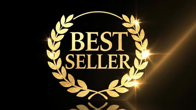 Best seller golden badge, premium quality award emblem with winner laurel wreath, luxury retail promotion sign and exclusive marketing success label on black background