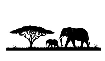 Elephant family silhouette in wide savanna landscape with acacia trees wildlife banner vector isolated on white © MdShafikul