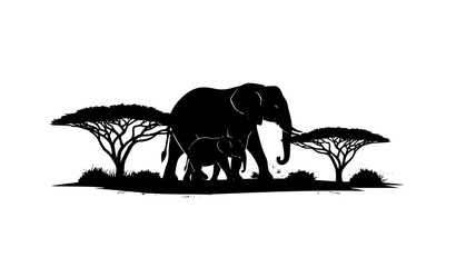 Artistic elephant and calf silhouette with layered savanna trees and vegetation wildlife vector illustration © MdShafikul