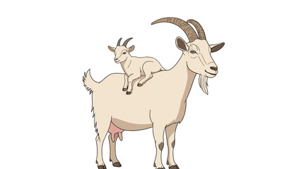 Fototapeta premium Heartwarming illustration of a mother goat with her adorable baby goat riding comfortably on her back, depicting a sweet bond and maternal care.