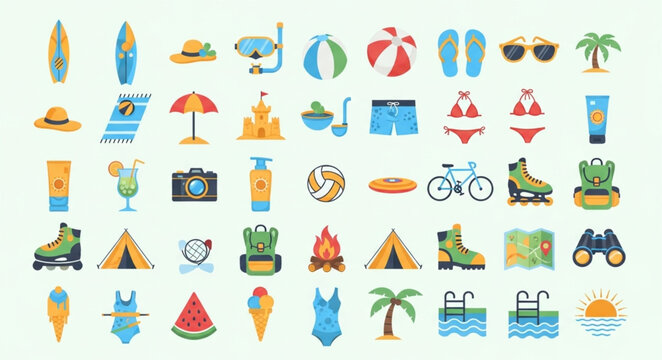 Summer Vacation Beach Holiday Icons Collection.