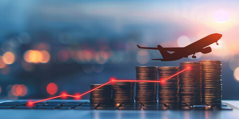 Plakat Conceptual image of rising airfare driven by higher fuel prices, with an airplane silhouette above stacked coins and an upward red graph line against a blurred city background