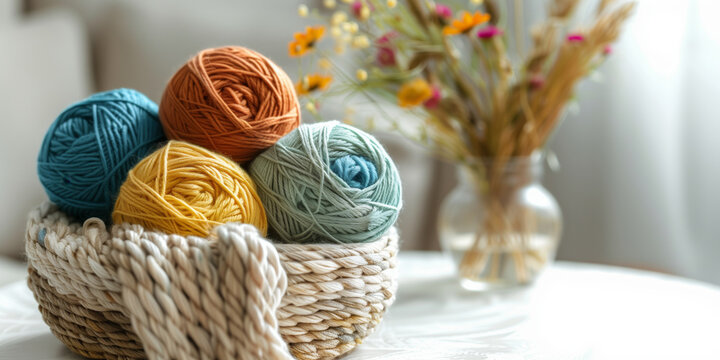 Still life of colorful yarn balls arranged in a woven basket