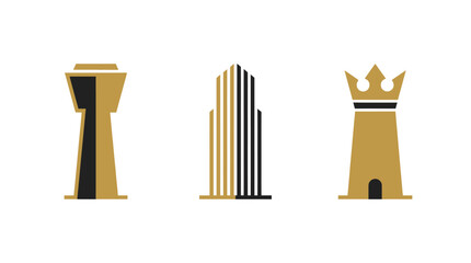 Modern Chess Pieces as City Buildings: Rook, King, Tower Icons © MHM99