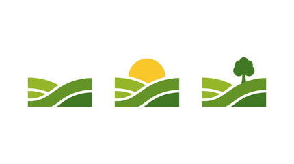 Green rolling hills landscape icons with sun and tree, flat design vector. © MHM99