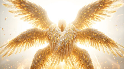 Fototapeta premium Biblically accurate angel with multiple golden wings covered in many eyes glowing in divine celestial light against a bright white ethereal background.