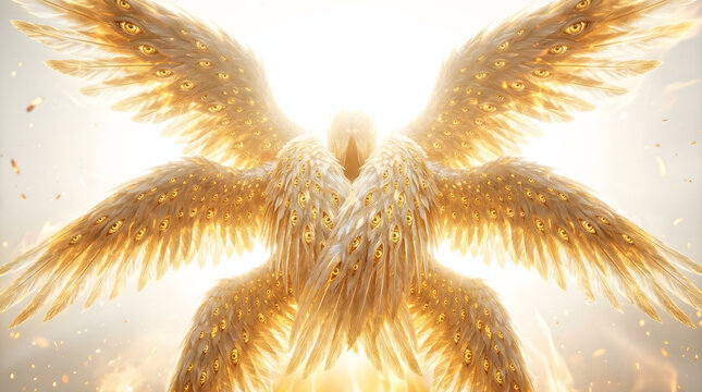 Biblically accurate angel with multiple golden wings covered in many eyes glowing in divine celestial light against a bright white ethereal background.