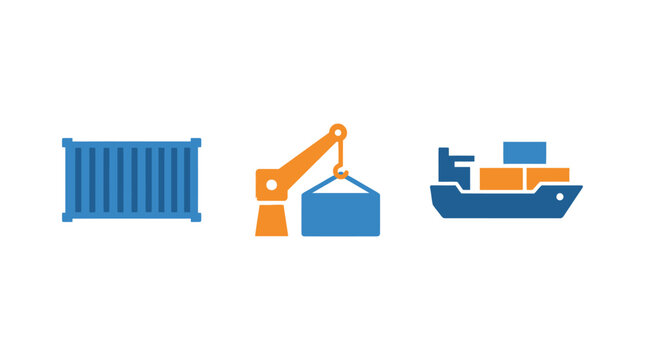 Shipping Container, Crane, and Cargo Ship Icons: Logistics and Import/Export Concept