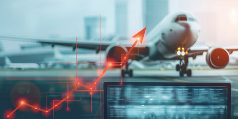 Plakat Conceptual image of rising airfare driven by higher fuel prices, with an airplane silhouette above stacked coins and an upward red graph line against a blurred city background