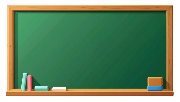 Lavagna verde scolastica con cornice in legno, gessetti, cancellino e libri colorati, su sfondo bianco.