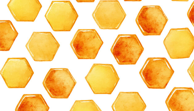 Watercolor honeycomb set with golden honey textures and delicate honeybee illustrations, perfect for spring designs, cards, or children's art projects with sweet patterns.