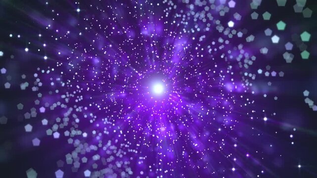 Bursting purple particles with glowing pentagon shapes and central light flare on dark background