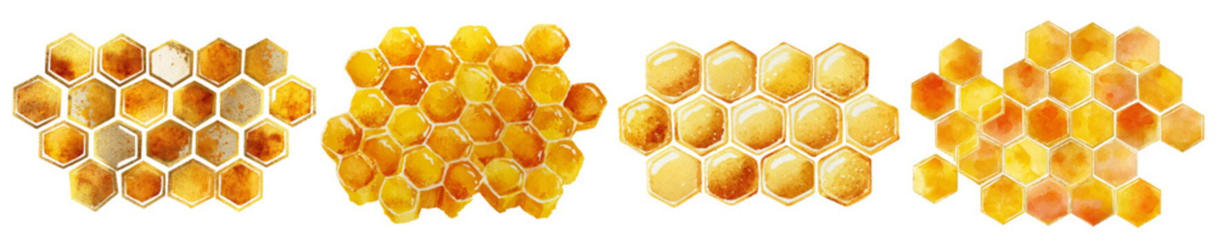 Watercolor honey set with honeycomb tiles and bees. Golden yellow hexagonal patterns, isolated elements perfect for children's designs, spring cards, and rustic farm illustrations.