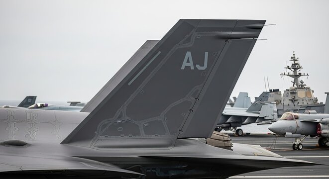 Military aircraft on naval ship deck.