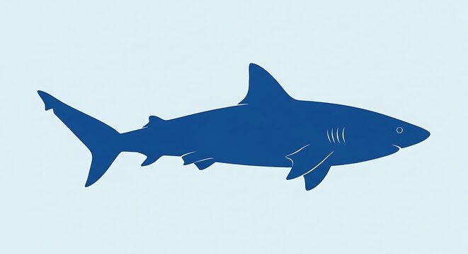 Dark blue shark silhouette swimming right.
