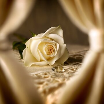 Cream Wedding Rose with Diamond Ring on Lace, Elegant Bridal Still Life