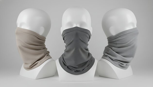 Three neck gaiters on mannequin heads mockup on white background