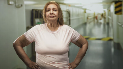 Fototapeta premium Senior hispanic woman with hands on hips wearing pink tshirt in building corridor resembling ship passage, looking resolute and steady; determination resilience.