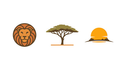 African Safari Icons: Lion Head, Acacia Tree, Setting Sun on White Background © MHM99