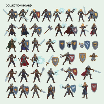Collection of Fantasy Warrior Characters and Medieval Equipment Icons.