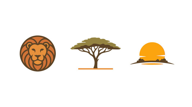 African Safari Icons: Lion Head, Acacia Tree, Setting Sun on White Background