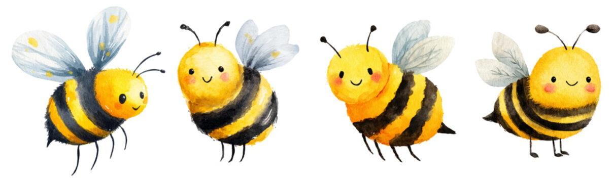 Cute watercolor bee collection with honey elements. Cartoon honeybee characters, hives, and hearts in vibrant colors. Perfect vector illustration set for kids' designs and projects.