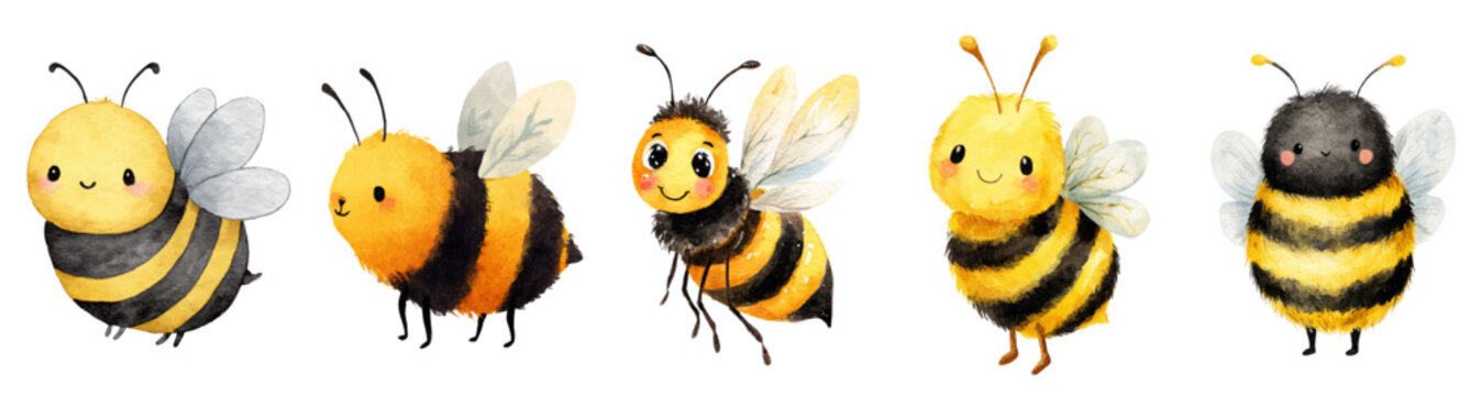 Sweet honeybee collection in playful cartoon style. Charming insect characters with floral elements, hearts, and hives. Ideal for baby products, greeting cards, and graphic projects.