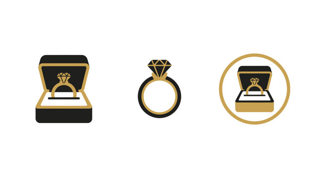 Diamond Ring Icons: Open Box, Solitaire Ring, Ring in Box