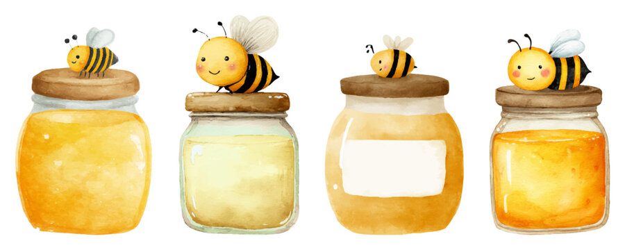 Adorable watercolor bee illustration with honey jar and flowers. Cute cartoon honeybee character perfect for kids' designs, patterns, and sweet nature-themed projects.