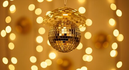 Obraz premium Golden Disco Ball with Warm Lights - Festive Celebration.