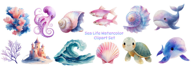 Fototapeta premium Watercolor sea creatures set with cute ocean animals, coral reef, shells, and beach elements. Summer marine life collection featuring fish, whale, and dolphin illustrations.
