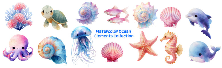 Watercolor sea creatures set with coral, starfish, and ocean animals. Cute marine life illustrations featuring seahorses, fish, and underwater sea elements in soft colors. © Narin