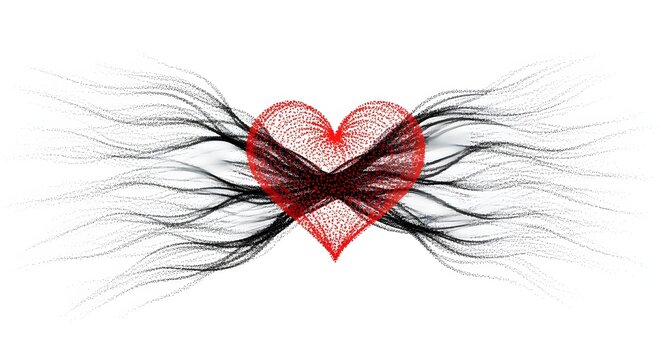 Red heart symbol with flowing black particle waves and stippling effect. Love and emotional energy concept. Vibrant red heart shape surrounded by dynamic motion grain lines.