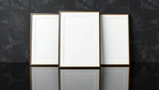 Three empty picture frames on dark wall