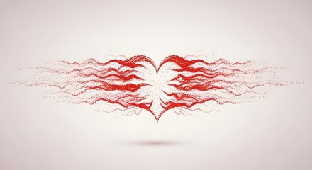 Fototapeta premium Red heart formed by wavy stippled particle wings on a light background. Freedom and spiritual love concept. Abstract pulse with flowing dots and energy waves in heart shape