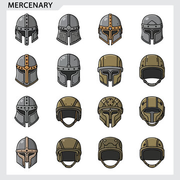 Collection of various mercenary combat helmet designs and military protective gear icons.