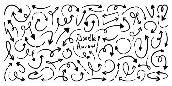 Hand drawn doodle arrow vector collection. Sketch direction pointers arrow design for business plan and education. Scribble lines arrow doodle elements. Vector doodle arrow drawing note illustration. 