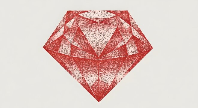 Detailed red ruby diamond in stippled dot art style on white. High value and brilliant luxury. Faceted gemstone illustration with dense pointillism texture and sharp edges