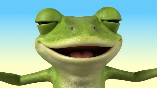 Friendly 3D Green Frog Character Smiling Wide with Open Arms on Gradient Background.