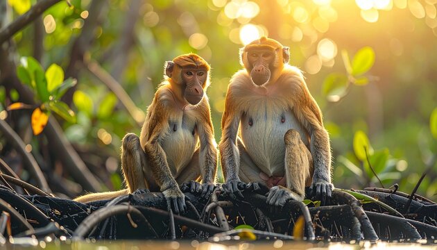 Proboscis Monkeys Group in Borneo Mangrove Forest Scene