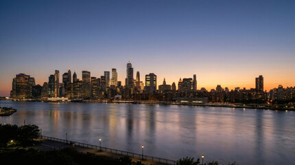 Fototapeta premium City Skyline at Dawn: The cityscape stands tall against the canvas of the morning sky, the architecture silhouettes creating a breathtaking view of the urban scene. 