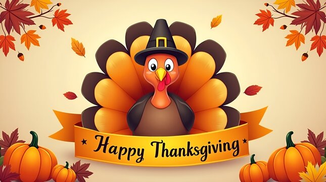 Cartoon turkey holding a &ldquo;Happy Thanksgiving&rdquo; sign, surrounded by pumpkins and corn