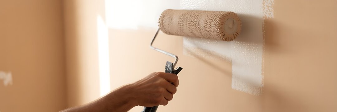 Home renovation project where a persons hand uses a paint roller on a light colored wall