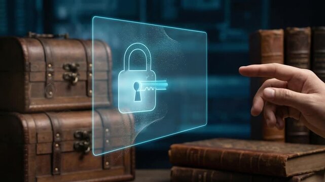 financial benefits income solutions concept. Hand unlocking a digital padlock with a key hologram over vintage books and chests.